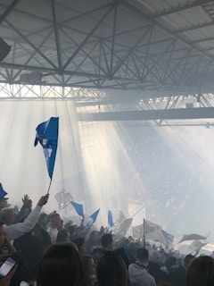 A large crowd of people is inside a stadium, holding up blue and white flags. Sunlight streams through the roof, creating dramatic beams that illuminate the scene. The atmosphere appears lively and energetic with many fans raising their hands in the air.
