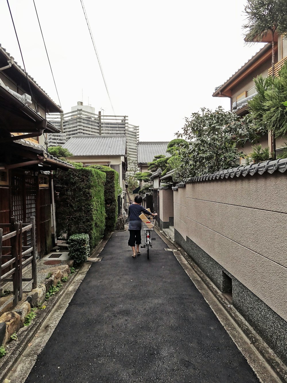 person holding bicycle between house during daytime