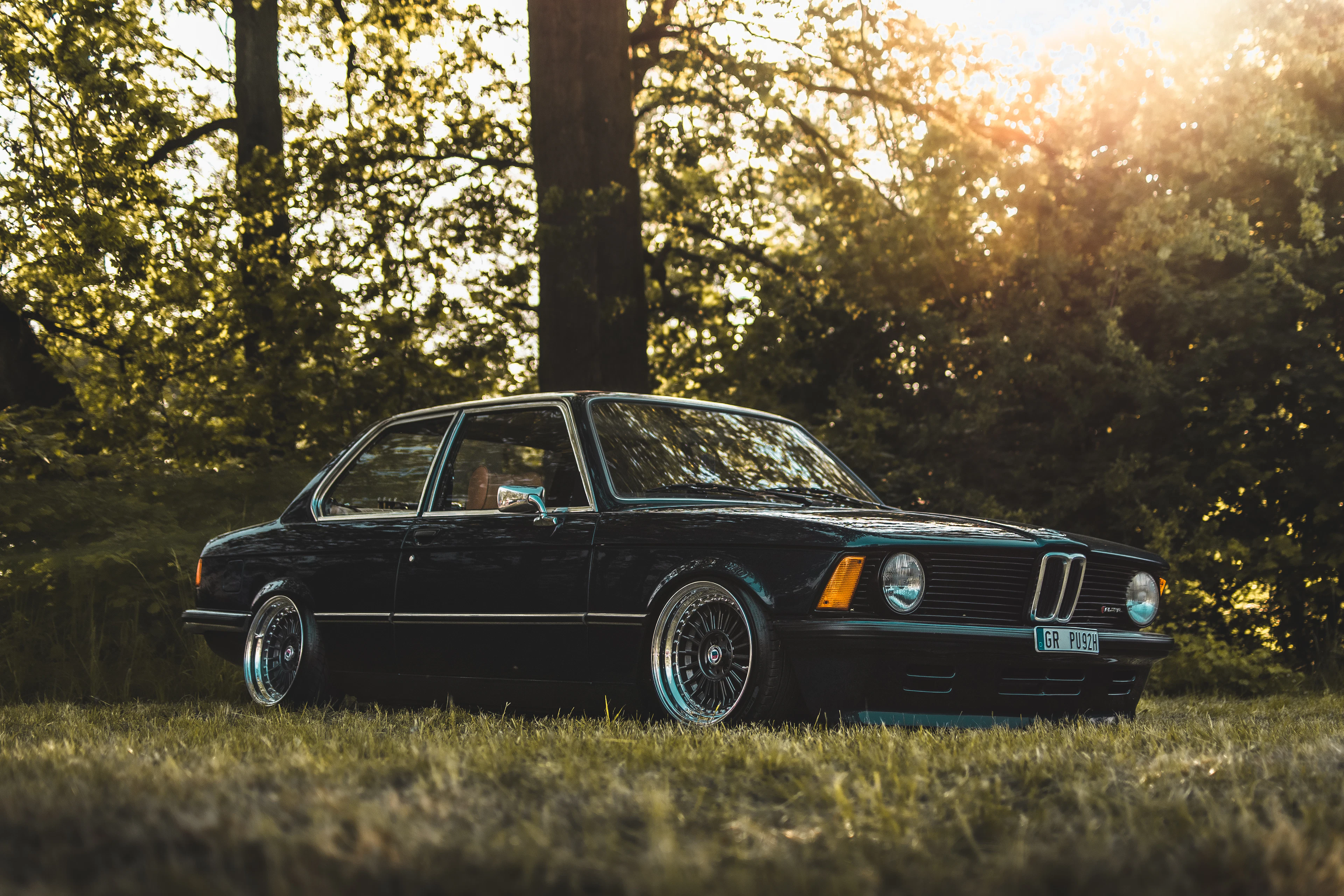 Black classic BMW coupe on a grassy field at sunset