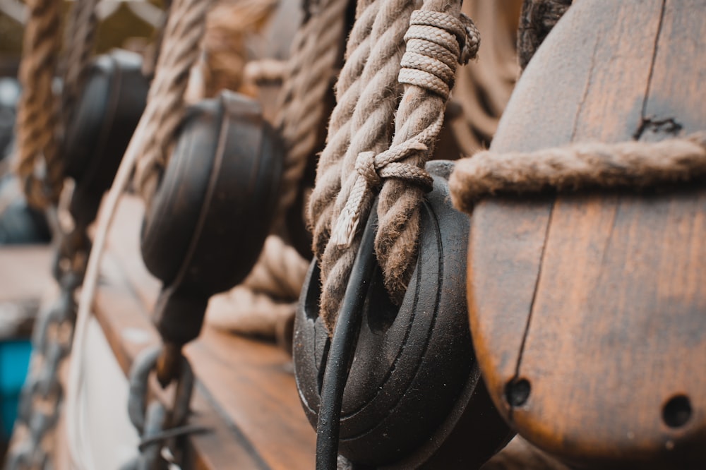 a close up of a bunch of ropes on a boat