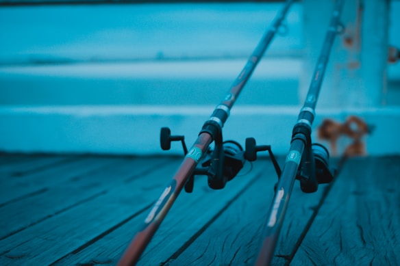 Two fishing rods are positioned on a wooden surface, extending into the frame from the right. The background features softly focused steps, and the color palette includes shades of blue, giving the scene a calm, serene feel.