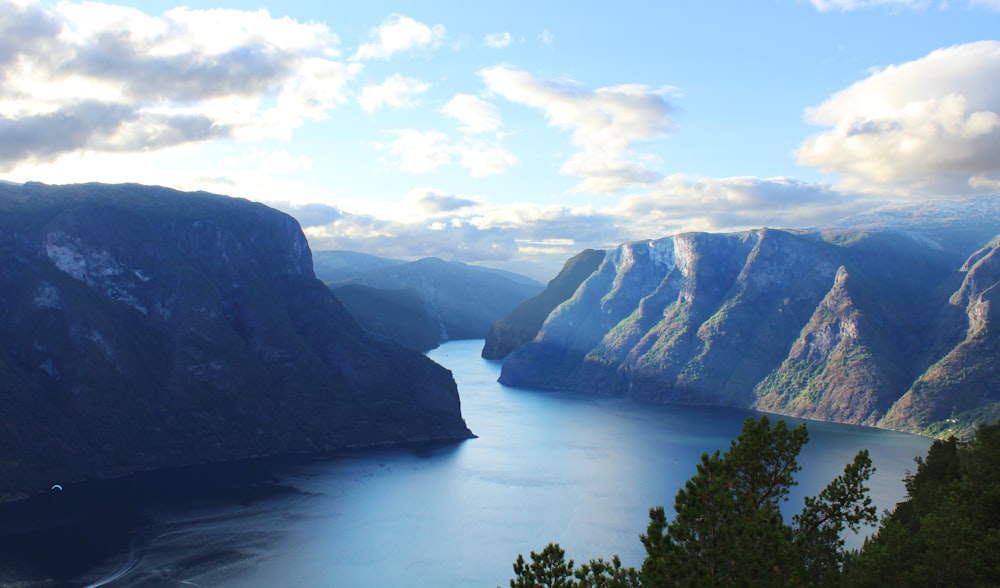 aerial photography of body of water between mountains