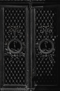 An ornate, dark metal door with intricate latticework features two circular decorative emblems surrounded by floral motifs. The geometric patterns and vintage design suggest a historical or classical architectural style.
