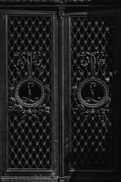Architectural metal doors with intricate designs ready for installation.