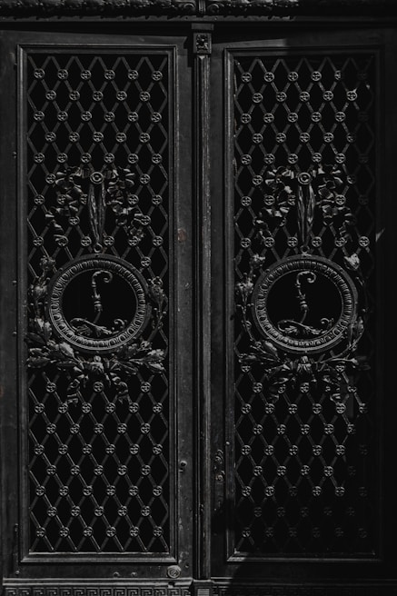 An ornate, dark metal door with intricate latticework features two circular decorative emblems surrounded by floral motifs. The geometric patterns and vintage design suggest a historical or classical architectural style.