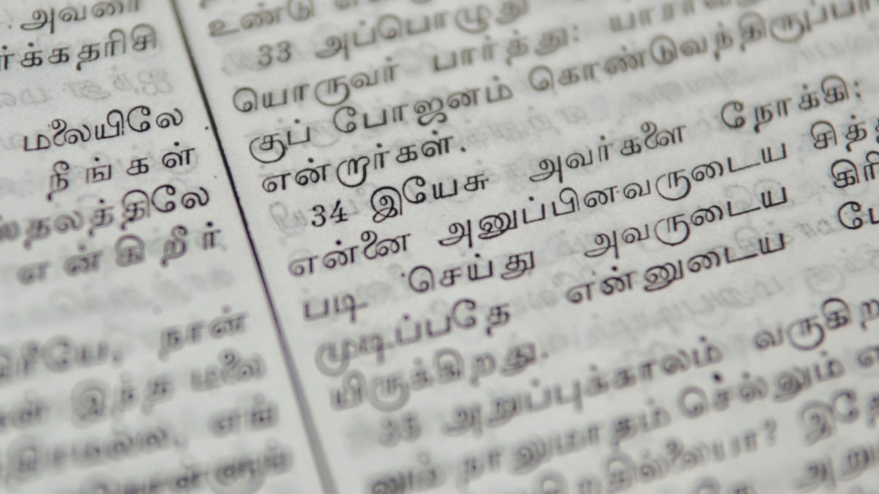 A close-up of ancient palm leaf manuscripts with intricate Tamil script, softly lit to highlight the texture.