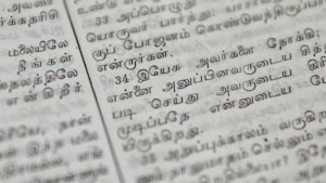 Close-up of a page with Tamil script written in neat black letters, showing two columns of text. The focus is on the middle area, with surrounding text slightly blurred.
