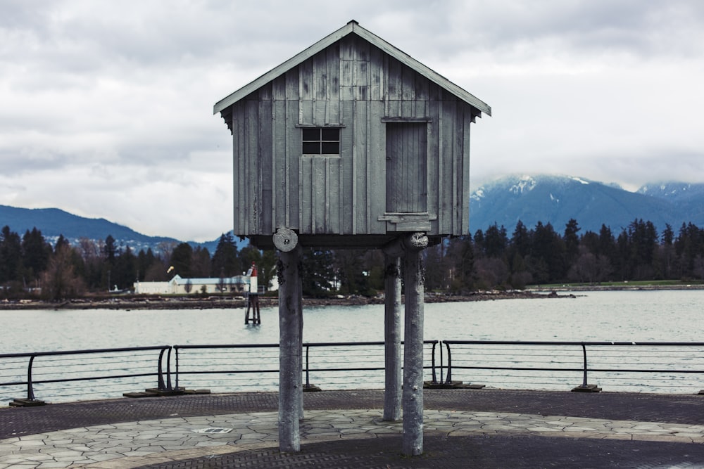 shallow focus photo of gray shed near body of water