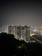 Night shot of a luxury residential lot with city lights in the background.