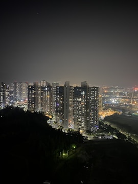 Night shot of a luxury residential lot with city lights in the background.