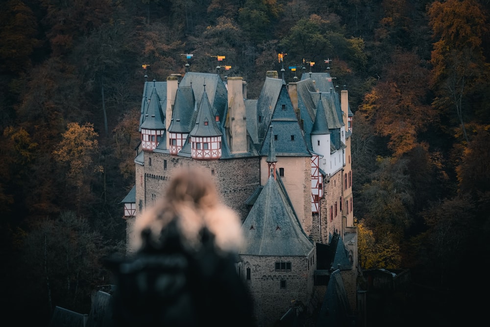 person standing in front of gray concrete castle