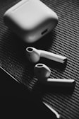 Black and white photo of wireless earbuds resting on a smooth black case.