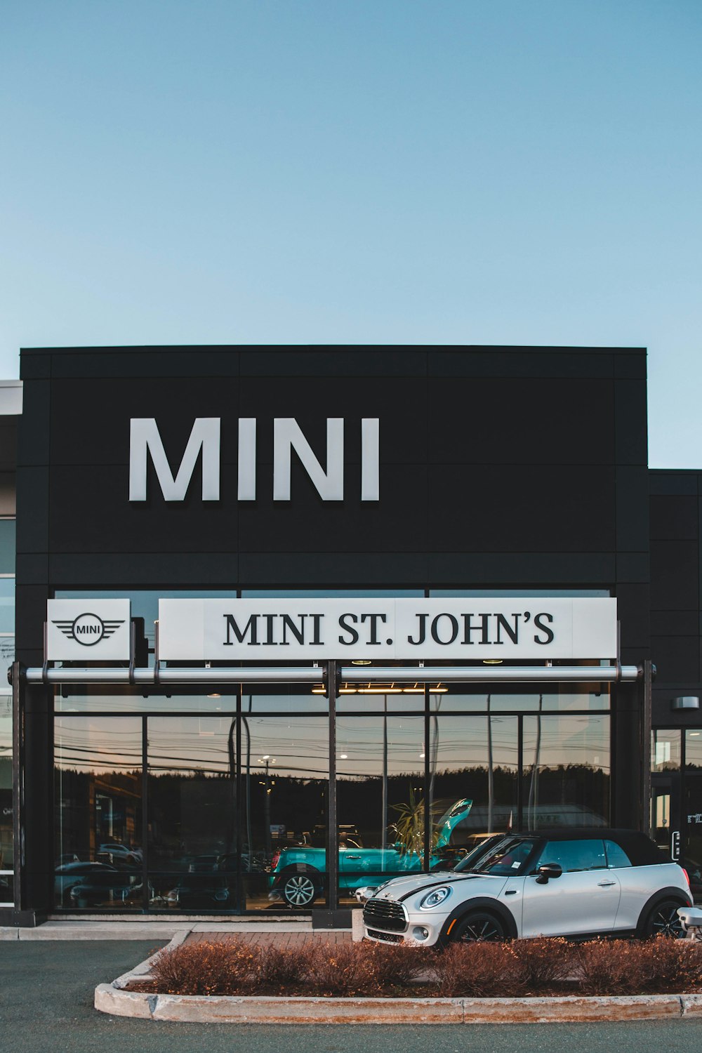 black and white Mini St. John's building front