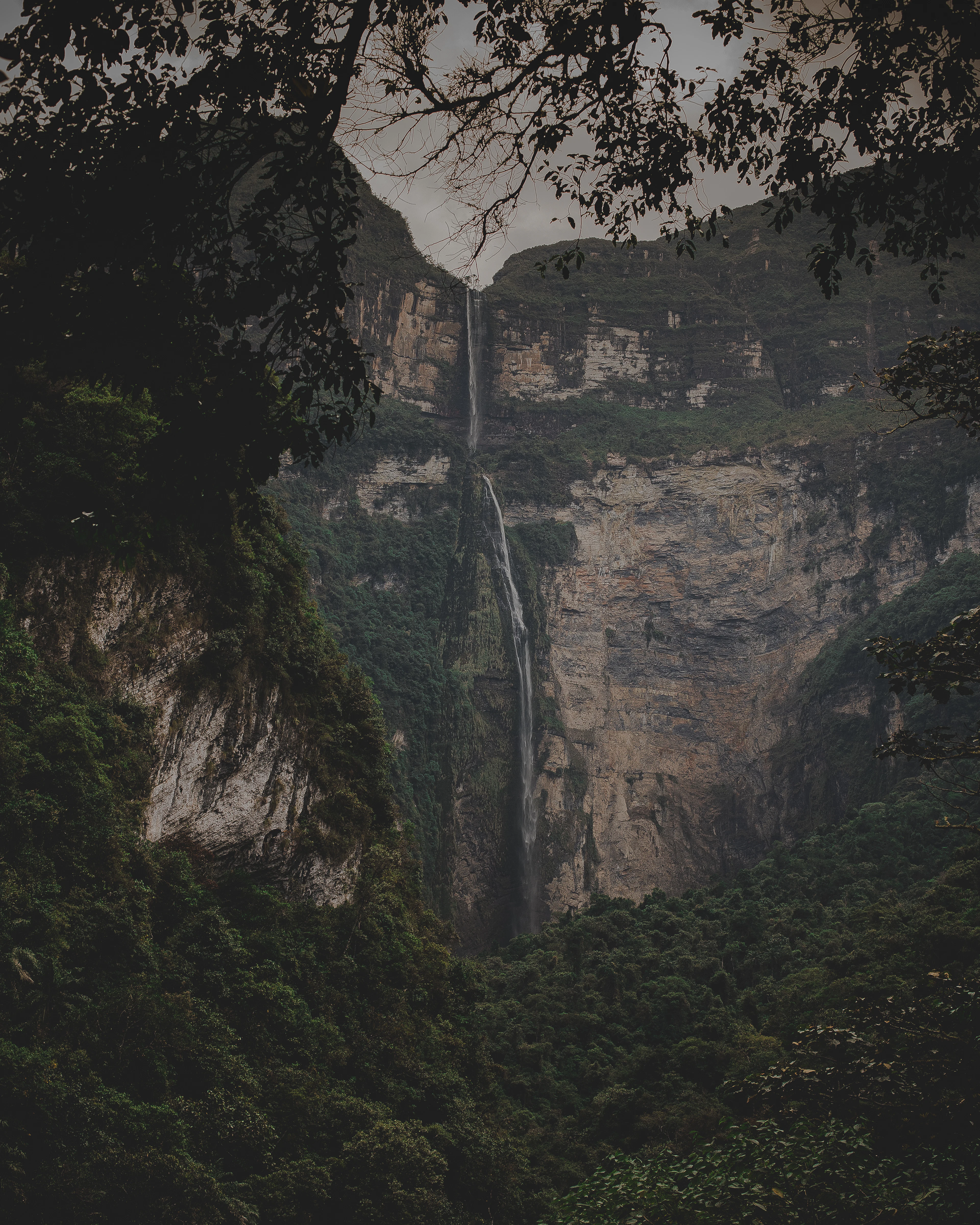 The tall, slender Gocta falls dropping down a rock wall into dark green cloud forest