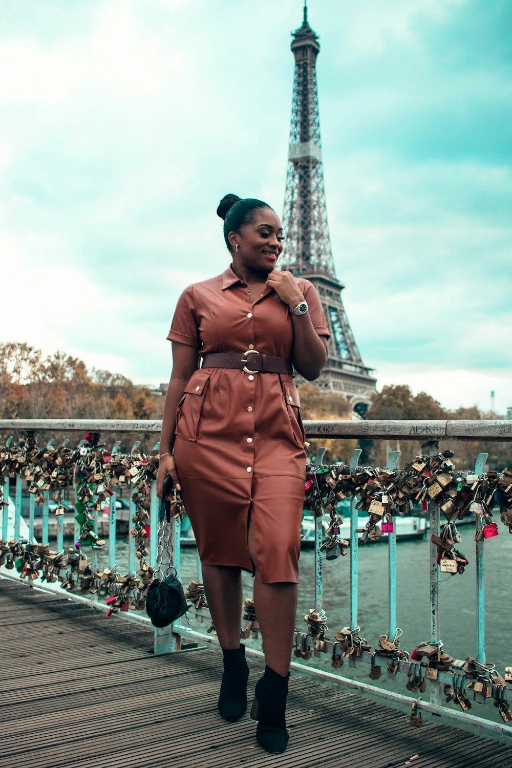 woman wearing brown dress