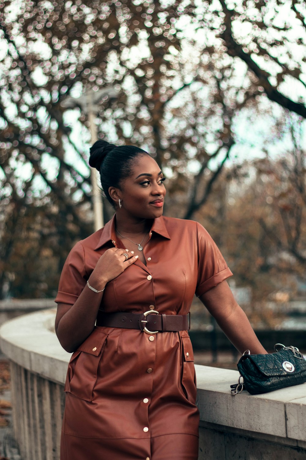 woman in brown dress with bag