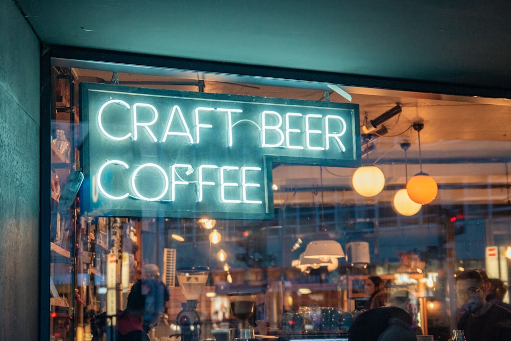 blue and white Craft Beer Coffee LED signage