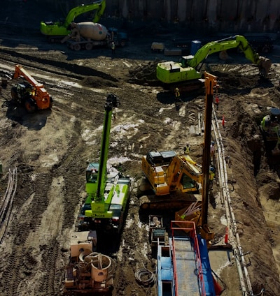 aerial photo of construction vehicles