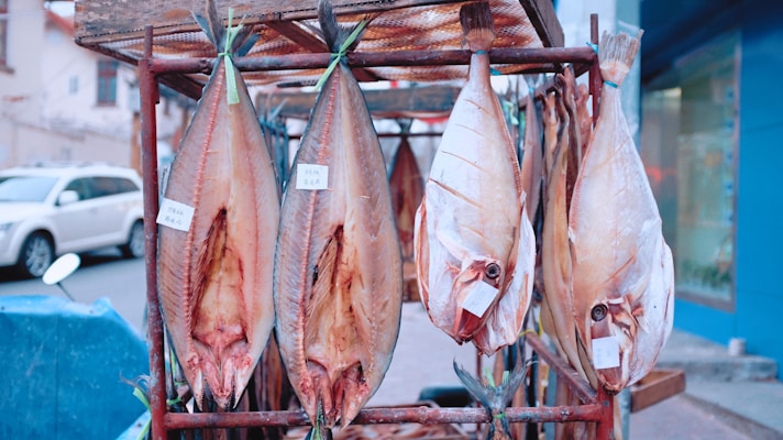 Several large fish are hung and displayed on a metal rack in an outdoor market setting. The fish are gutted and appear to be salted or dried, suggesting they might be a part of preserved seafood offerings. Some labels are attached to the fish. In the background, a white car and some buildings are visible, indicating an urban environment.
