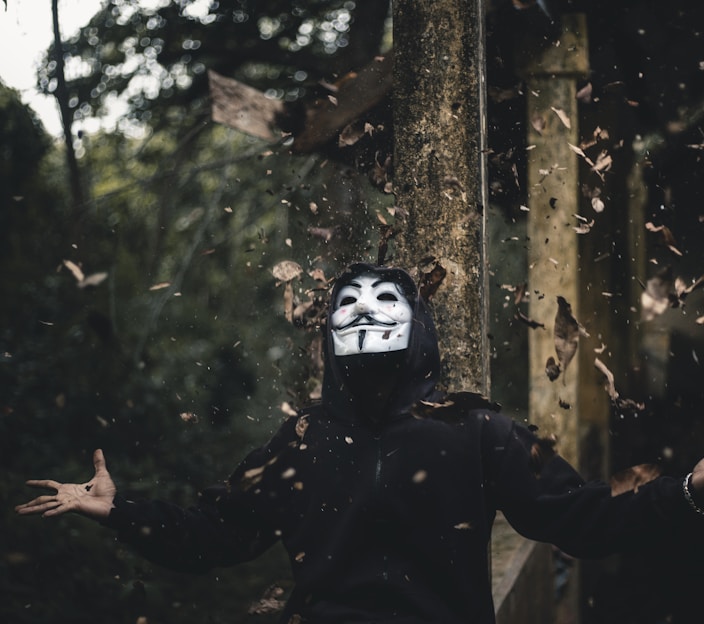 man in black jacket and Guy Fawkes mask