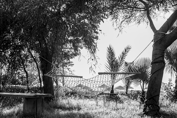A relaxing outdoor scene with a hammock and side table.