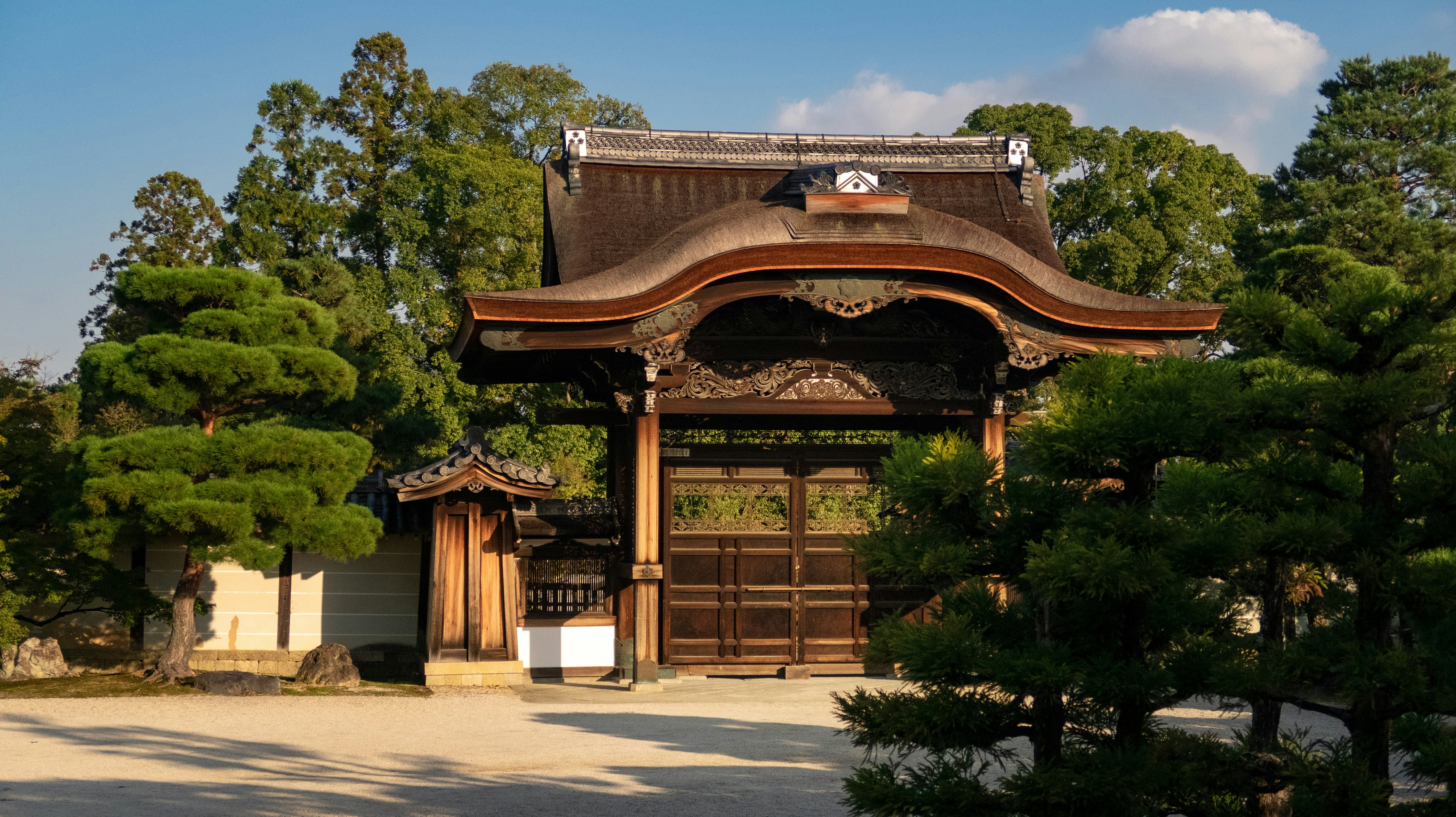 brown wooden pagoda gate surrounded by green trees, 