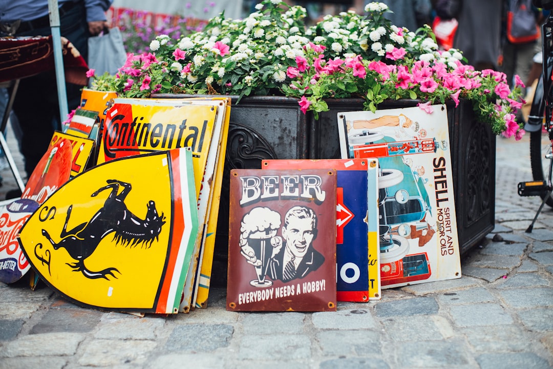 assorted posters near pink petaled flowers