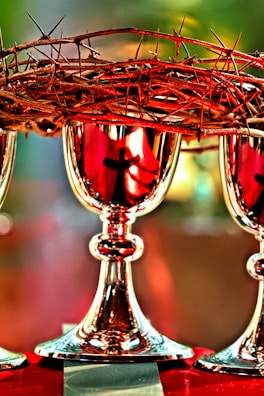 A crown of thorns is placed atop silver chalices, with reflections showcasing a cross. The lighting creates a dramatic and sacred atmosphere, emphasizing the intricate details of the thorns and the polished shine of the chalices.