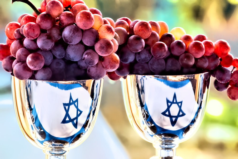 cluster of grapes on silver goblet cups