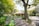 A serene garden leads up to a quaint house surrounded by lush greenery and vibrant flowers. A large tree dominates the foreground, with people walking along a path in the background. The scene conveys tranquility and natural beauty.
