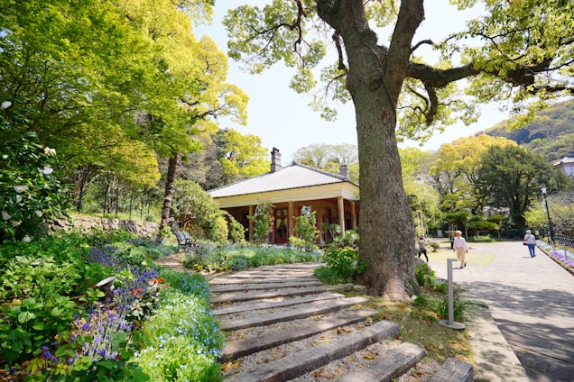 A serene garden with elders smiling gently, surrounded by soft teal and earthy tones, with a caregiver warmly engaging with a patient.