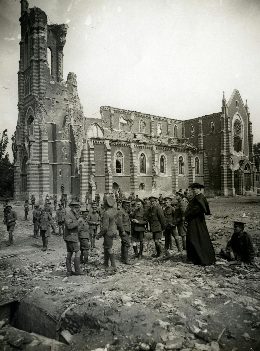 a group of men standing in front of a building