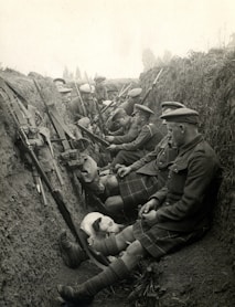 a group of men sitting next to each other in a trench