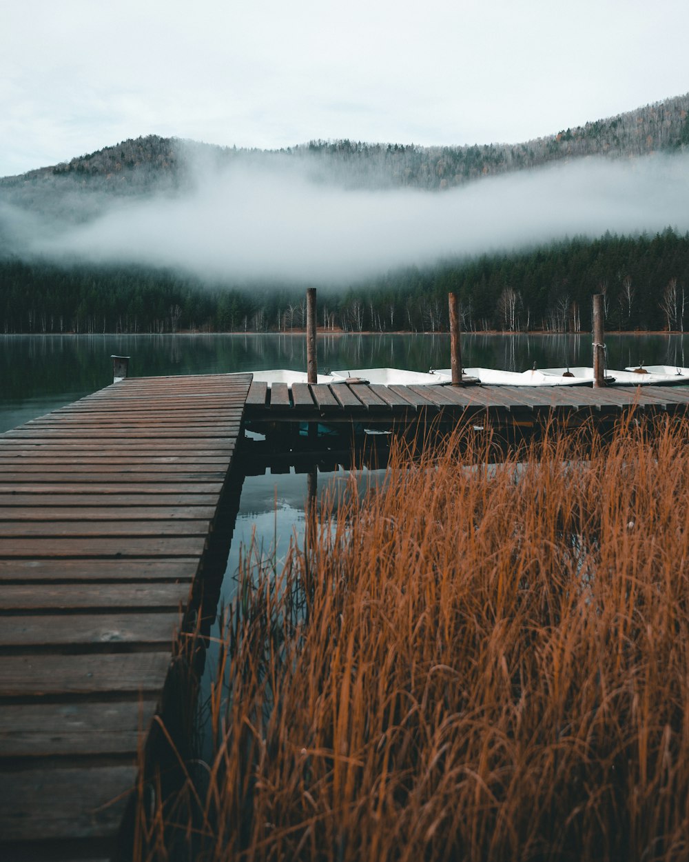 boats at wooden dock near mountains during daytime