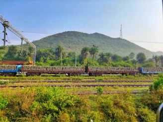 A train carrying stacks of concrete sleepers is situated on tracks amidst lush greenery and hills in the background. Overhead electric lines and structures are visible, indicating an electrified railway line. The area is surrounded by dense foliage and palm trees under a clear blue sky.
