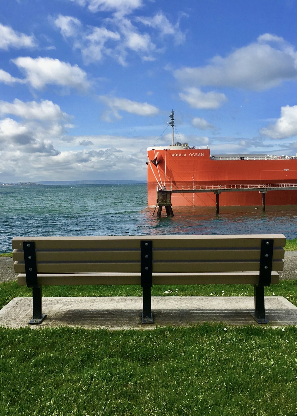 bench on grass field near body of water