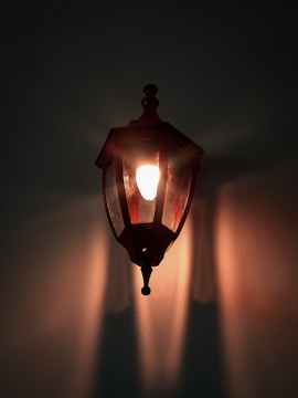 A stylish outdoor wall lantern casting warm light.