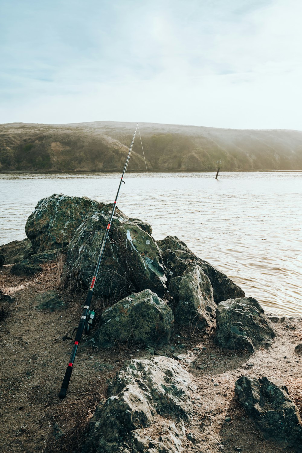 fishing rod resting on rocks