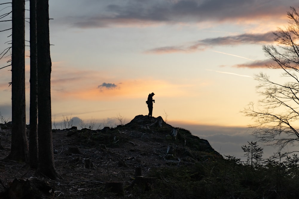 Persona in piedi sulla montagna di osservazione della scogliera sotto il cielo giallo e blu