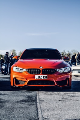 A bright orange sports car with a prominent front grille is parked on a road. The car has a license plate reading 'LDZ 191'. In the background, various people are gathered, some standing near other parked vehicles under a clear blue sky.