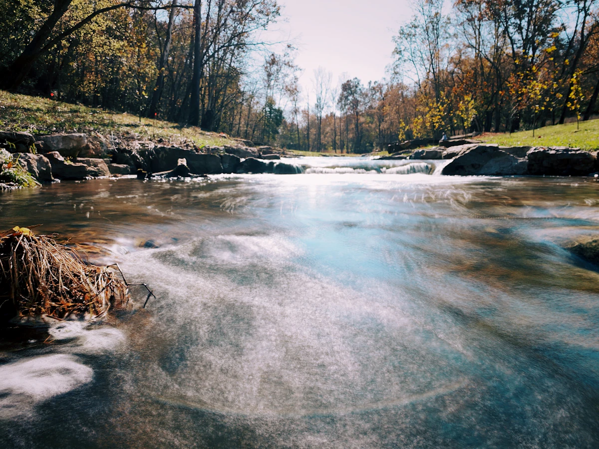 A shallow creek running over rocks near Bentonville, with autumn trees on the banks