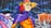 A vibrant street art mural featuring an anime-style character wearing a red and yellow cap, purple and orange clothing, set against a dynamic background of graffiti and cosmic elements.