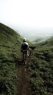 A mountain biker riding along a rugged trail at sunrise, with mist rising from the forest below.