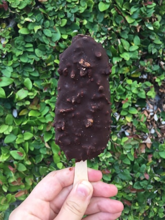 Hand holding a chocolate-dipped popsicle with nuts on a bright background