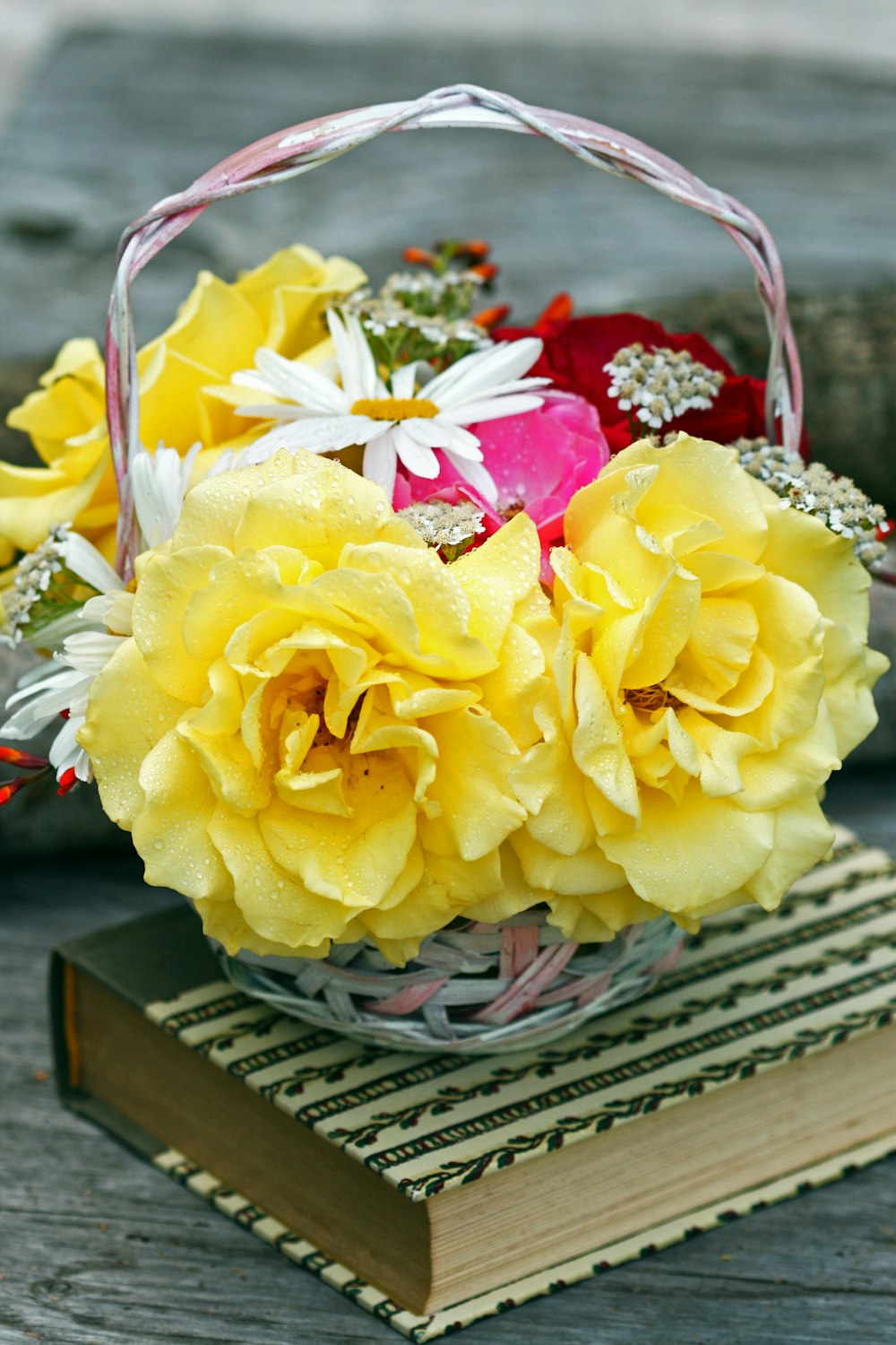fleur de rose jaune dans le panier sur le livre