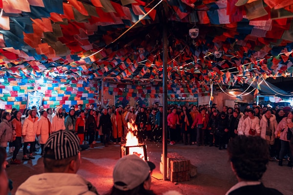 people gathered by bonfire