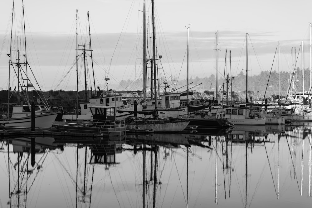 grayscale photography of different boats on body of water