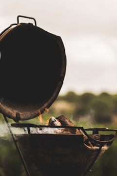 A barbecue grill partially opened with small flames and smoke rising from the burning wood inside. The setting appears outdoors with a blurred green background, suggesting a natural environment.