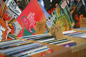 An assortment of vinyl records displayed in cardboard boxes at a market stall. The records are organized into categories with handwritten labels indicating various music genres such as soul, jazz, rock, and pop. Visible album covers feature vibrant artwork and typography, including artists like King Curtis.