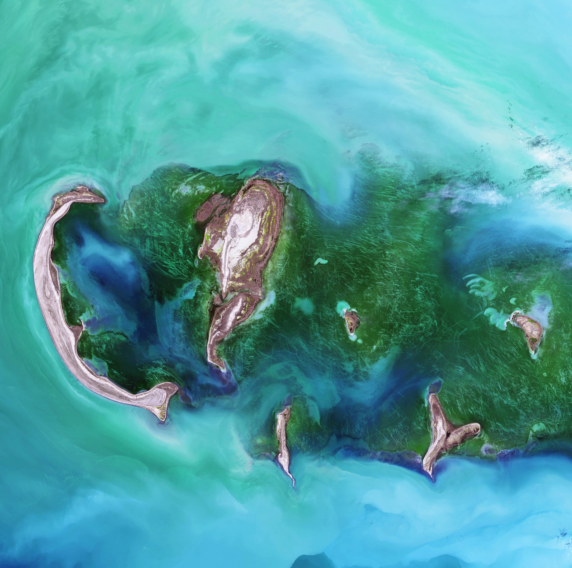 In shallow waters surrounding the Tyuleniy Archipelago in the Caspian Sea, chunks of ice were the artists. The 3-meter-deep water makes the dark green vegetation on the sea bottom visible. The lines scratched in that vegetation were caused by ice chunks, pushed upward and downward by wind and currents, scouring the sea floor.